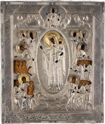 Auction 156<br>GROSSE UND FEINE IKONE MIT DER GOTTESMUTTER 'FREUDE ALLER LEIDENDEN' MIT SILBER-OKLAD
