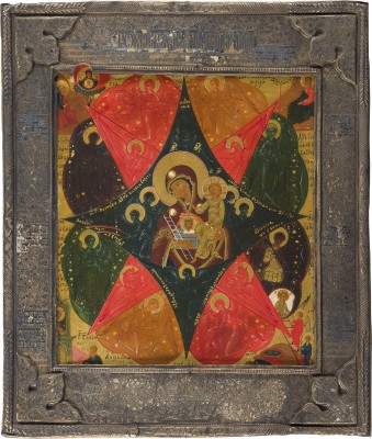 Bild SEHR FEINE IKONE MIT DER GOTTESMUTTER 'UNVERBRENNBARER DORNBUSCH' MIT VERMEIL-BASMA
