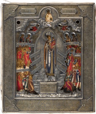 Auktion 156<br>SEHR FEINE IKONE MIT DER GOTTESMUTTER 'FREUDE ALLER LEIDENDEN' MIT VERMEIL-RIZA