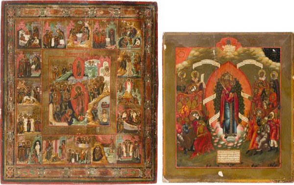 Auktion 156<br>ZWEI IKONEN: GROSSFORMATIGE IKONE MIT DER HÖLLENFAHRT UND AUFERSTEHUNG MIT 16 HOCHFESTEN UND GOTTESMUTTER 'FREUDE ALLER LEIDENDEN'