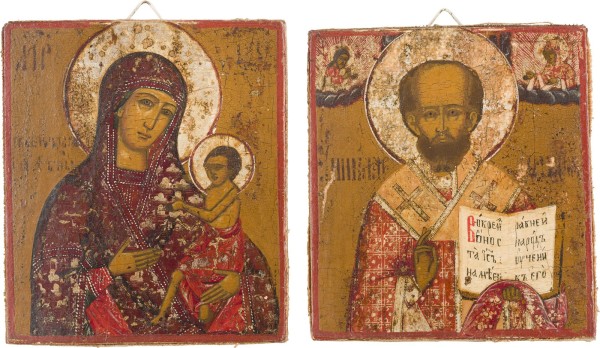 Picture ZWEI IKONEN-FRAGMENTE MIT DER GOTTESMUTTER VON ARABIEN (ARAPSKAJA) UND DEM HEILIGEN NIKOLAUS VON MYRA
