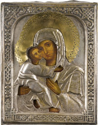 Auktion 156<br>KLEINE IKONE MIT DER GOTTESMUTTER VON WLADIMIR (WLADIMIRSKAJA) MIT OKLAD