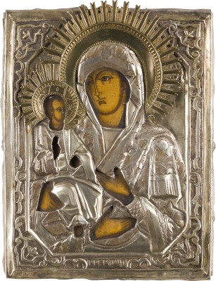 Auction 156<br>KLEINE IKONE MIT DER DREIHÄNDIGEN GOTTESMUTTER (TRICHEIROUSA) MIT OKLAD