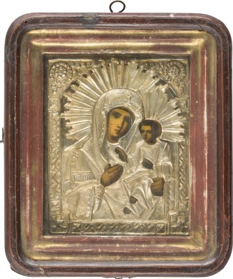 Bild KLEINE IKONE MIT DER GOTTESMUTTER 'IWERSKAJA' MIT OKLAD IM KIOT