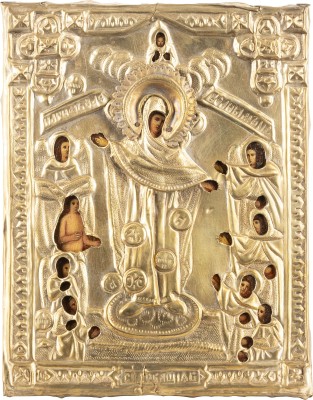 Bild KLEINE IKONE MIT DER GOTTESMUTTER 'FREUDE ALLER LEIDENDEN' MIT DEN MÜNZEN MIT OKLAD