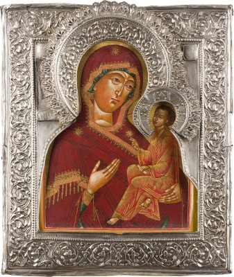 Picture FEINE IKONE MIT DER GOTTESMUTTER VON TICHWIN (TICHWINSKAJA) MIT SILBER-RIZA