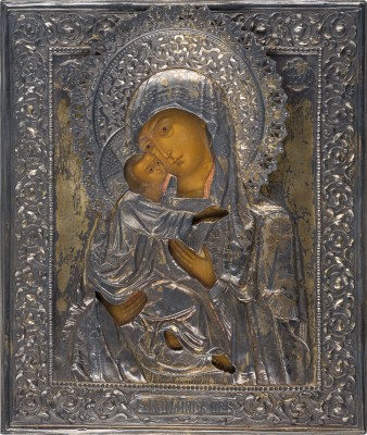 Auktion 156<br>SEHR FEINE IKONE MIT DER GOTTESMUTTER VON WLADIMIR (WLADIMIRSKAJA) MIT VERMEIL-OKLAD