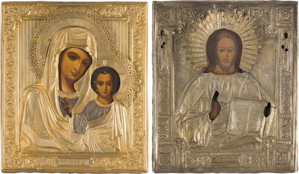 Auktion 156<br>ZWEI IKONEN MIT OKLAD: CHRISTUS PANTOKRATOR UND GOTTESMUTTER VON KASAN (KASANSKAJA)