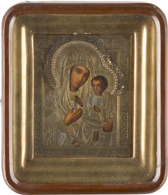 Bild KLEINE IKONE MIT DER GOTTESMUTTER VON TICHWIN (TICHWINSKAJA) MIT OKLAD IM KIOT