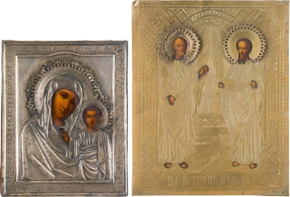 Auktion 156<br>ZWEI KLEINE IKONEN MIT OKLAD: GOTTESMUTTER VON KASAN (KASANSKAJA) UND PETRUS UND PAULUS