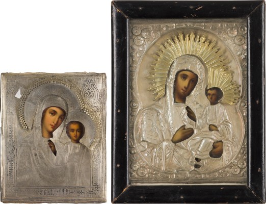 Auktion 156<br>ZWEI IKONEN MIT OKLAD: GOTTESMUTTER VON KASAN UND GOTTESMUTTER IWERSKAJA