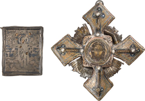 Bild MINIATUR-IKONE MIT DER HEILIGEN EUPHROSYNE VON POLAZK MIT SILBER-OKLAD UND KREUZ MIT DEM MANDYLION