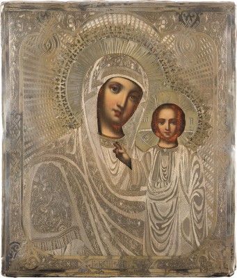 Auktion 156<br>GESCHENK AN SEMJON MIKHAILOWITSCH MODENOW: IKONE MIT DER GOTTESMUTTER VON KASAN (KASANSKAJA) MIT VERMEIL-OKLAD