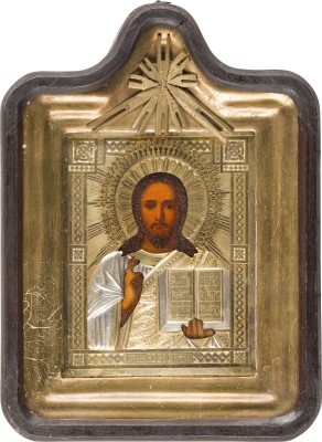 Auktion 156<br>ZWEI IKONEN MIT OKLAD IM KIOT: CHRISTUS PANTOKRATOR UND GOTTESMUTTER 'IWERSKAJA'