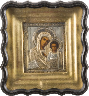 Bild KLEINE IKONE MIT DER GOTTESMUTTER VON KASAN (KASANSKAJA) MIT VERMEIL-OKLAD IM KIOT