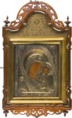 Bild FEINE IKONE MIT DER GOTTESMUTTER VON KASAN (KASANSKAJA) MIT VERMEIL-OKLAD IM KIOT