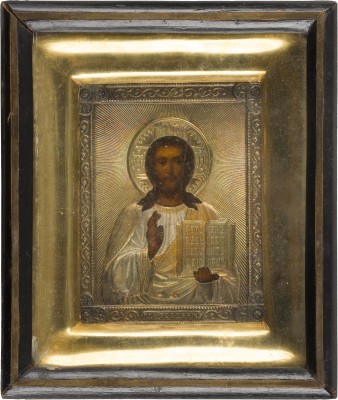 Auction 156<br>ZWEI KLEINE IKONEN MIT VERMEIL-OKLAD: GOTTESMUTTER 'OSERJANSKAJA' UND CHRISTUS PANTOKRATOR IM KIOT