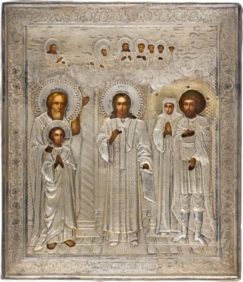 Auktion 156<br>FEINE IKONE MIT DEM SCHLEIERWUNDER DER GOTTESMUTTER (POKROW) MIT SILBER-OKLAD