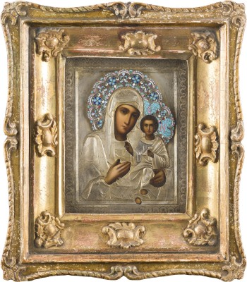 Bild IKONE MIT DER GOTTESMUTTER 'IWERSKAJA' MIT CLOISONNÉ-EMAIL-OKLAD IM KIOT