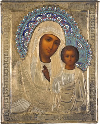 Bild KLEINE IKONE MIT DER GOTTESMUTTER VON KASAN (KASANSKAJA) MIT CLOISONNÉ-EMAIL-OKLAD