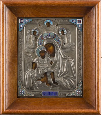 Bild SELTENE IKONE MIT DER GOTTESMUTTER 'WÜRDIG IST ES' (AXION ESTIN) MIT CLOISONNÉ-EMAIL-OKLAD IM KIOT