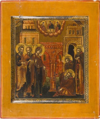 Auktion 156<br>IKONE MIT DEM ERSCHEINEN DER GOTTESMUTTER VOR DEM HEILIGEN SERGEJ VON RADONESCH
