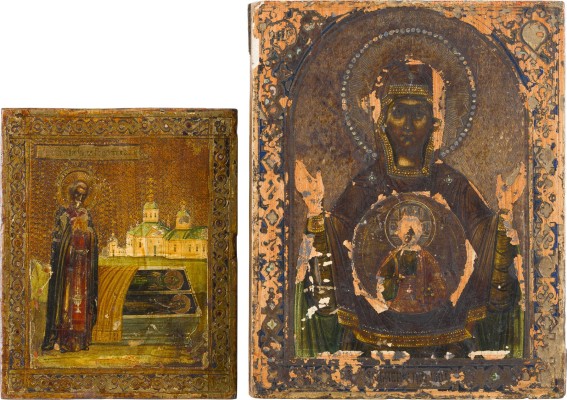 Auction 156<br>ZWEI KLEINE IKONEN: HEILIGER SERGEJ VON RADONESCH UND GOTTESMUTTER DES ZEICHENS (ZNAMENIE)