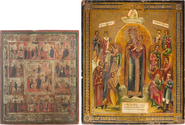 Auction 156<br>ZWEI IKONEN: FESTTAGSIKONE UND GOTTESMUTTER 'FREUDE ALLER LEIDENDEN'