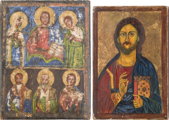 Auction 156<br>ZWEI IKONEN: ZWEIFELDER-IKONE MIT DEESIS UND HEILIGEN UND CHRISTUS PANTOKRATOR