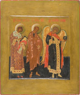 Auktion 156<br>FEINE IKONE MIT DEM ERZENGEL MICHAEL, DEM APOSTEL PETRUS UND JOHANNES CHRYSOSTOMUS