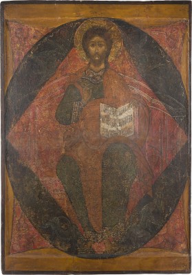 Bild MONUMENTALE IKONE MIT DEM THRONENDEN CHRISTUS INMITTEN DER ENGELSMÄCHTE AUS EINER KIRCHEN-IKONOSTASE