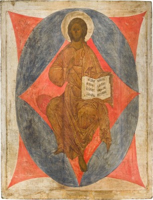 Picture MONUMENTALE IKONE MIT DEM THRONENDEN CHRISTUS INMITTEN DER ENGELSMÄCHTE AUS EINER KIRCHEN-IKONOSTASE