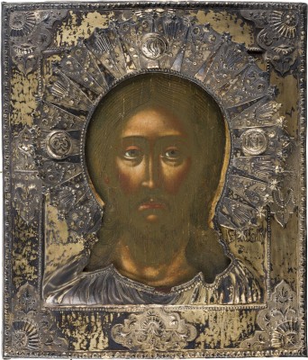 Auktion 156<br>SEHR FEINE IKONE MIT CHRISTUS 'DAS GRIMME AUGE' MIT VERMEIL-RIZA