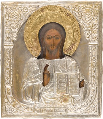 Auktion 156<br>GROSSE IKONE MIT CHRISTUS PANTOKRATOR MIT OKLAD