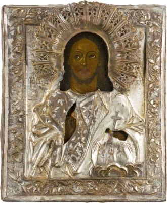 Auktion 156<br>IKONE MIT CHRISTUS DEM WELTENHERRSCHER MIT OKLAD