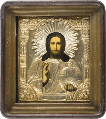 Bild GROSSE IKONE MIT CHRISTUS DEM WELTENHERRSCHER MIT OKLAD IM KIOT