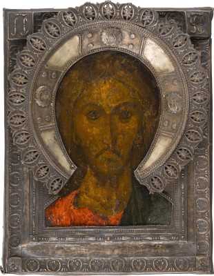 Bild IKONE MIT CHRISTUS 'DAS GRIMME AUGE' MIT SILBER-RIZA