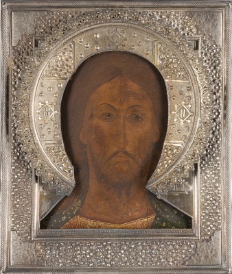 Bild SEHR FEINE IKONE MIT CHRISTUS 'DAS GRIMME AUGE' MIT SILBER-RIZA