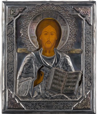 Auction 156<br>SEHR FEINE IKONE MIT CHRISTUS PANTOKRATOR MIT SILBER-OKLAD