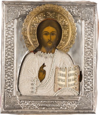 Auktion 156<br>IKONE MIT CHRISTUS PANTOKRATOR MIT PERL-OKLAD
