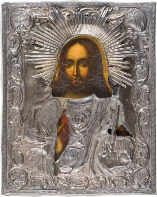 Picture KLEINE IKONE MIT CHRISTUS DEM WELTENHERRSCHER MIT SILBER-OKLAD