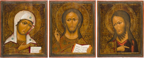 Auktion 156<br>GROSSFORMATIGE DEESIS-GRUPPE: CHRISTUS PANTOKRATOR FLANKIERT VON DER GOTTESMUTTER UND JOHANNES DEM VORLÄUFER