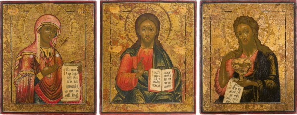 Auktion 156<br>DREITEILIGE DEESIS: CHRISTUS PANTOKRATOR FLANKIERT VON DER GOTTESMUTTER UND JOHANNES DEM VORLÄUFER