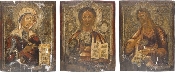 Auktion 156<br>GROSSE DREITEILIGE DEESIS: CHRISTUS PANTOKRATOR FLANKIERT VON DER GOTTESMUTTER UND JOHANNES DME VORLÄUFER