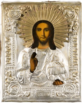 Bild KLEINE IKONE MIT CHRISTUS DEM WELTENHERRSCHER MIT OKLAD