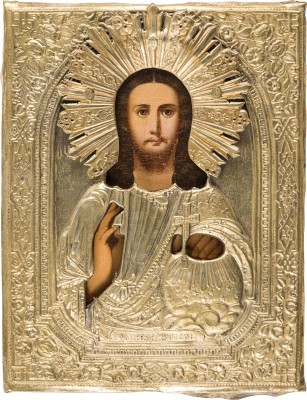 Bild KLEINE IKONE MIT CHRISTUS DEM WELTENHERRSCHER MIT OKLAD