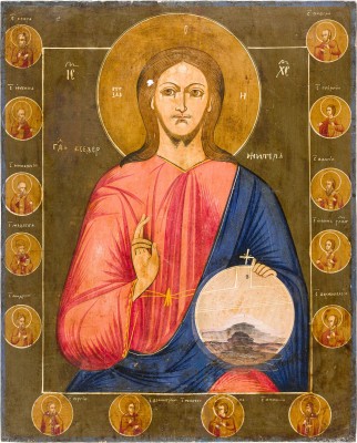 Bild GROSSFORMATIGE IKONE MIT CHRISTUS DEM WELTENHERRSCHER MIT AUSGEWÄHLTEN HEILIGEN