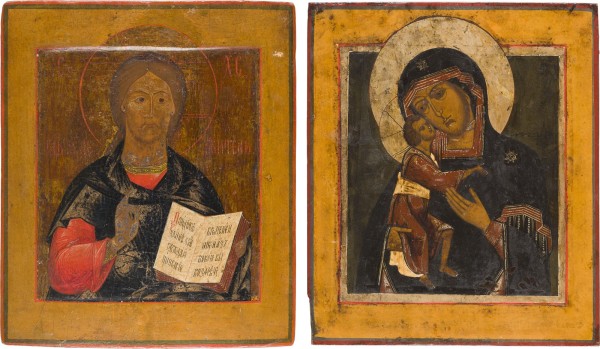 Auction 156<br>ZWEI IKONEN: CHRISTUS PANTOKRATOR UND GOTTESMUTTER FEODOROWSKAJA