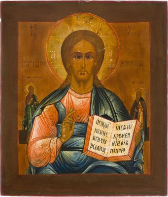 Bild IKONE MIT CHRISTUS PANTOKRATOR FLANKIERT VON ZWEI HEILIGEN