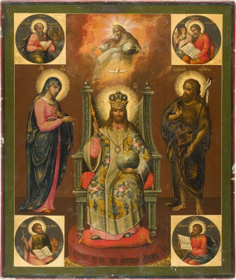 Bild GROSSFORMATIGE UND FEINE IKONE MIT CHRISTUS ALS HOHEPRIESTER FLANKIERT VON DER GOTTESMUTTER, JOHANNES DEM VORLÄUFER UND DEN EVANGELISTEN